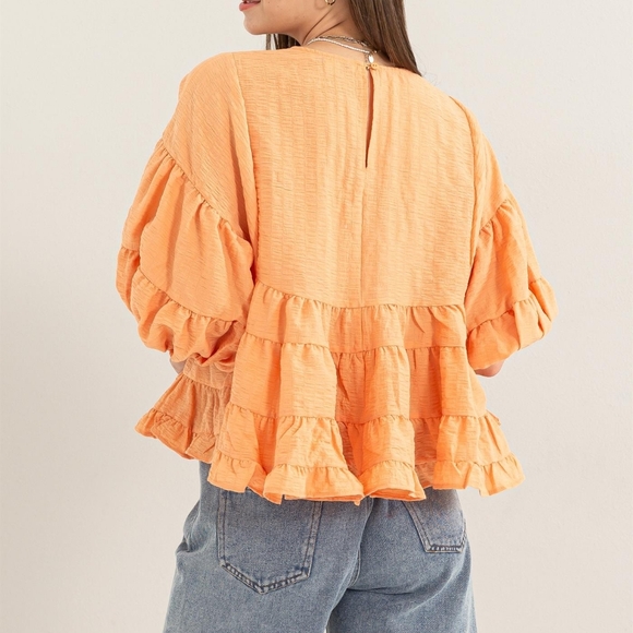 F13 🌟 Puff Sleeve Babydoll Top Crinkle Woven In Sunset Peach - Picture 3 of 3